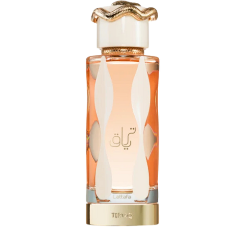 Elegant bottle of Lattafa Teriaq perfume showcasing the gold snake motif design and sophisticated packaging, ideal for both men and women.