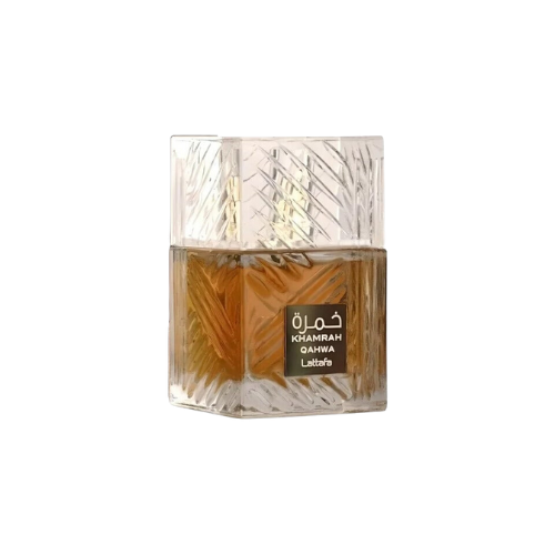 Khamrah Qahwa Eau de Parfum bottle by Lattafa, showcasing the luxurious 100ml size with a clear glass and ornate label design