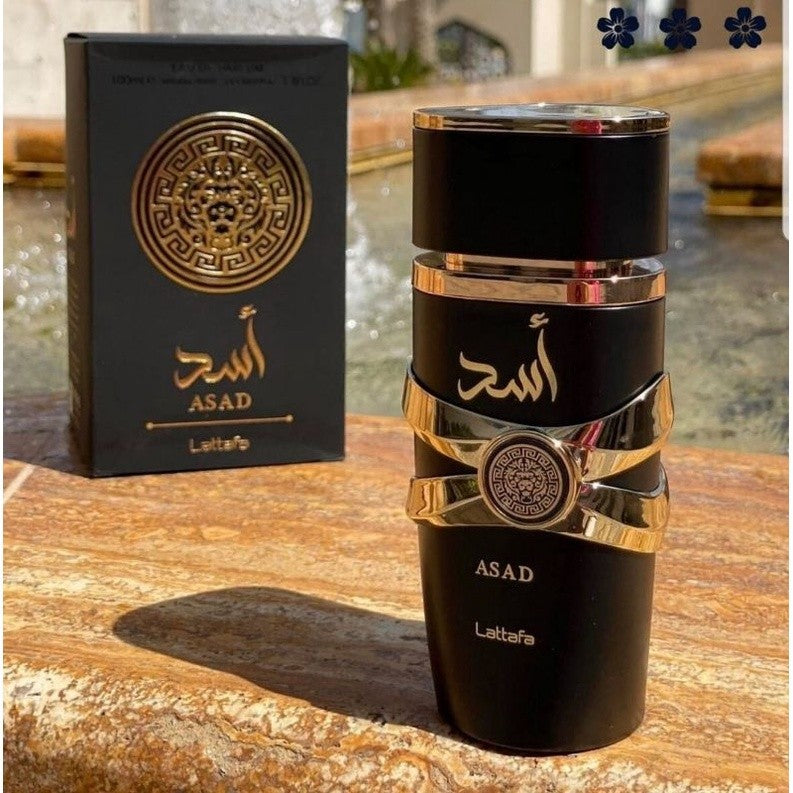 Asad by Lattafa perfume packaged in a luxurious box, emphasizing the rose gold accents and black color theme.